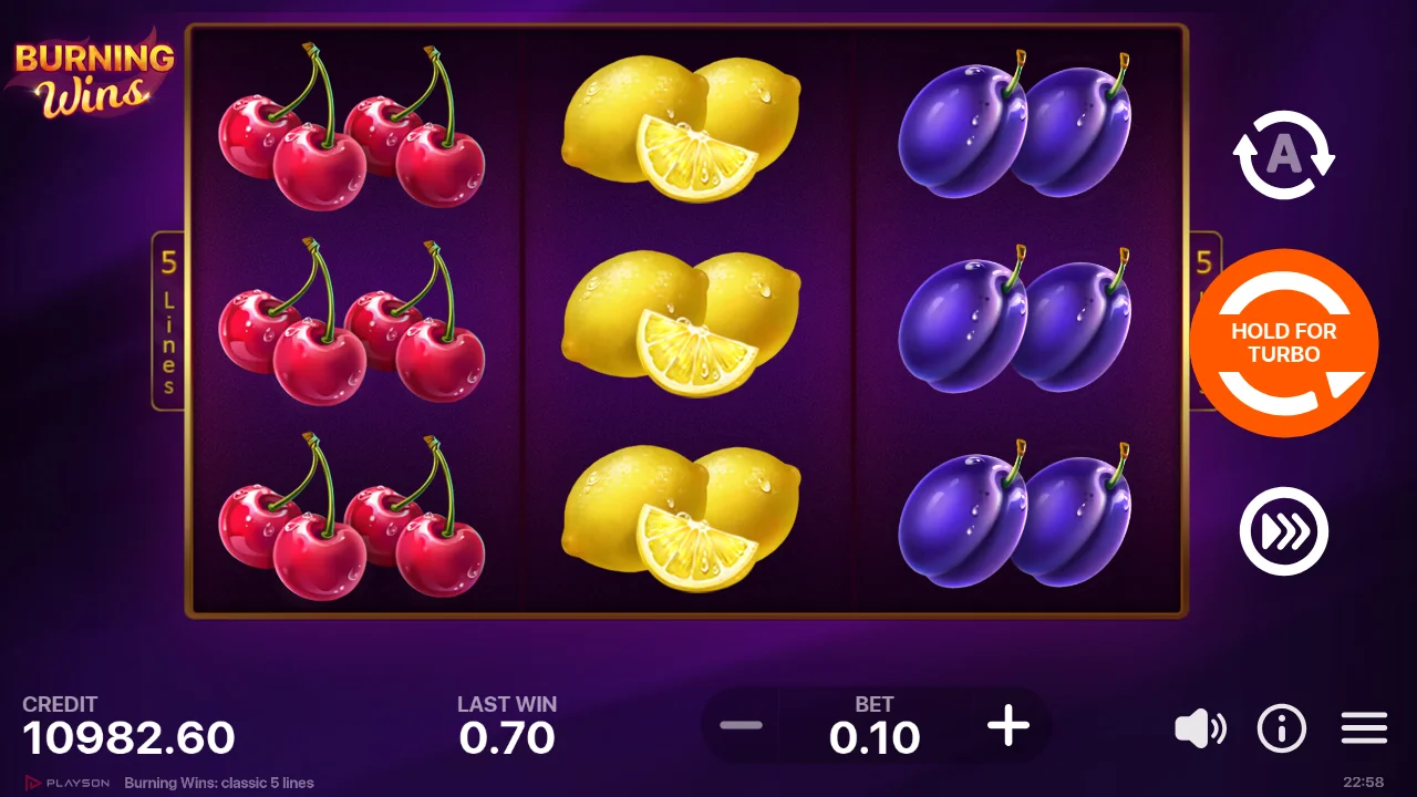 Burning Wins session spin 600 - credit $10,982.60 at $0.10 bet, Cherries and Lemons on reels